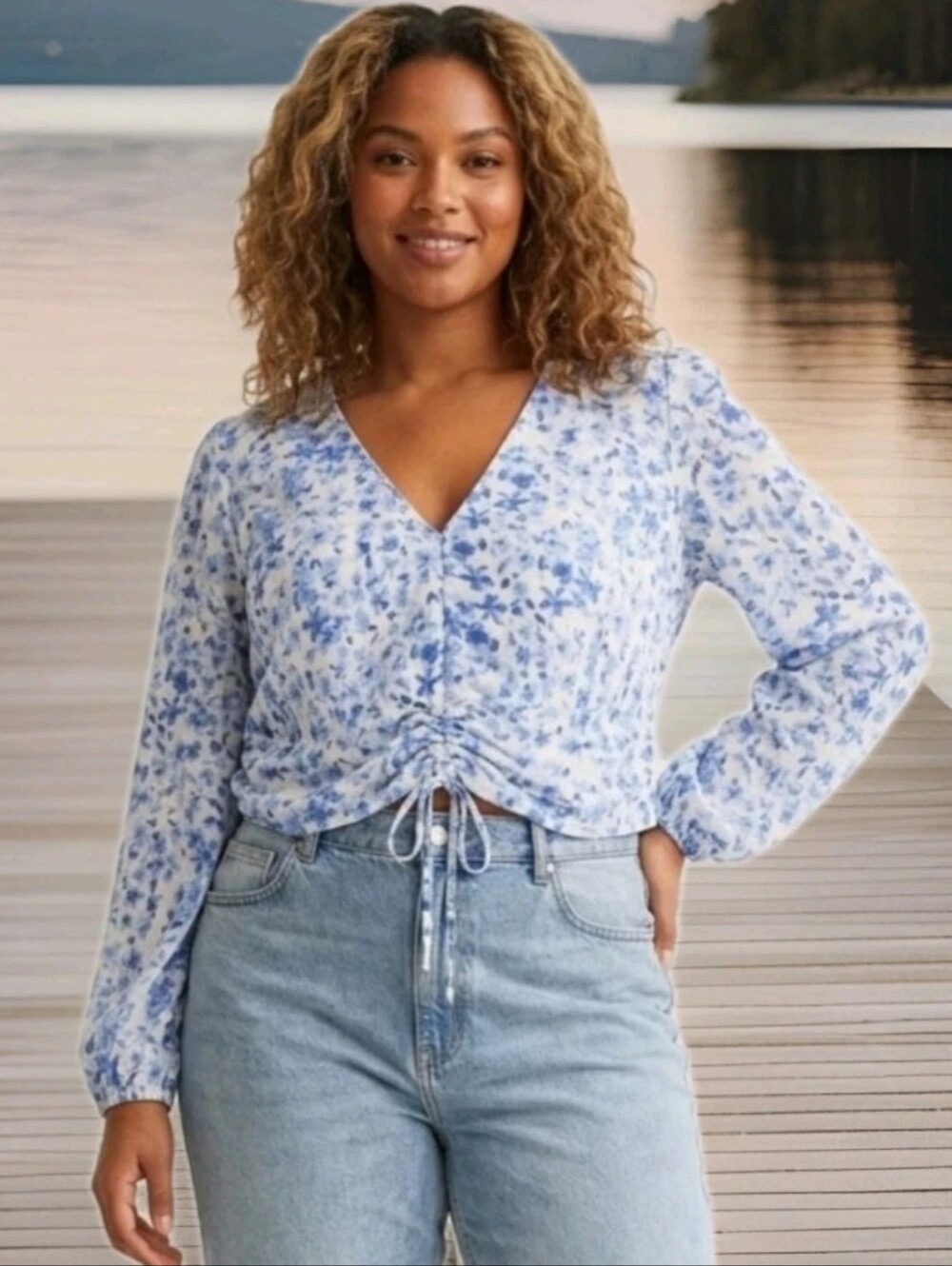 Y2K Cottagecore Tie Ruched Crop Top Med White Blue Floral Satin Feminine Boho